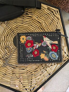 Topshop Black Crossbody Bag with Colorful Floral & Bird Embroidery